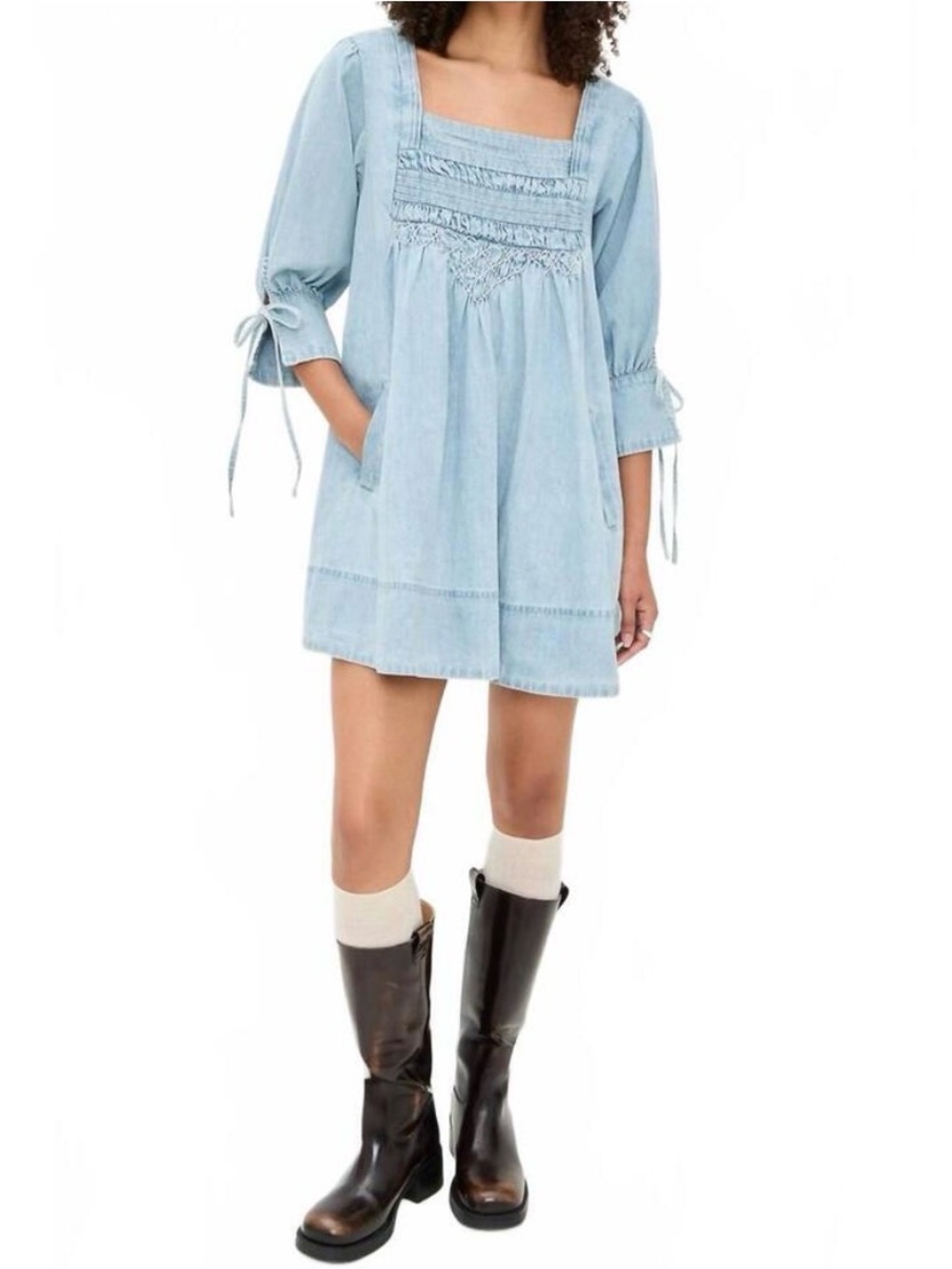 Light Blue Chambray Square-Neck Mini Dress